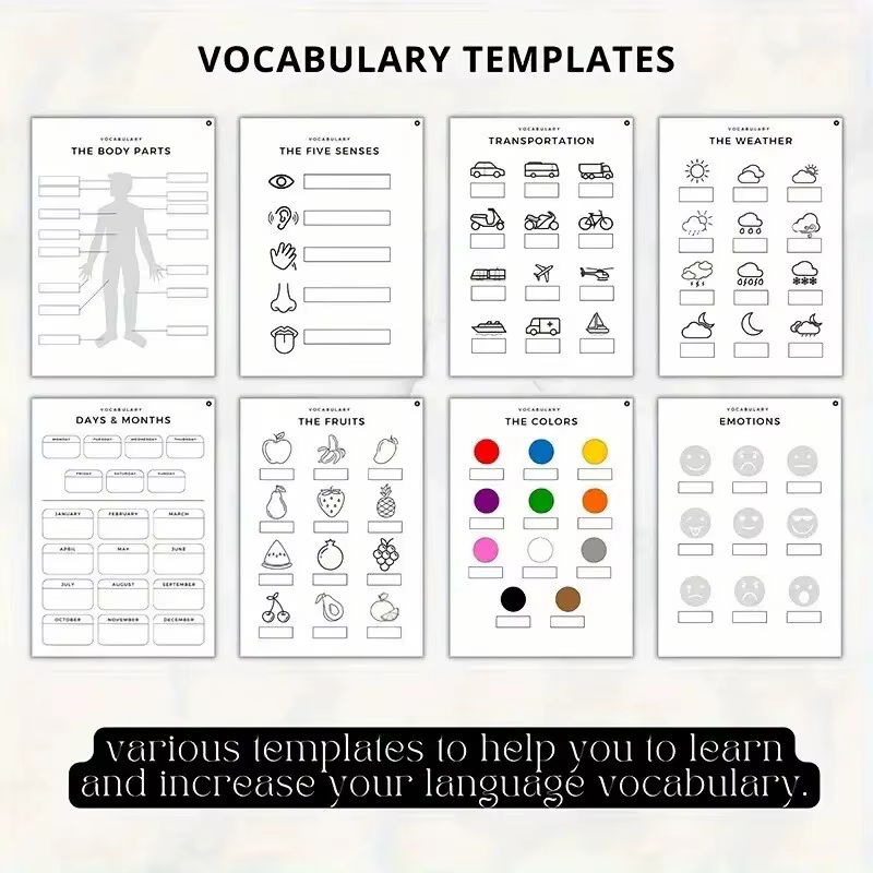Planificateur d'apprentissage des langues, carnet de vocabulaire et de grammaire avec bûches hebdomadaires et mensuelles, carnet de vocabulaire