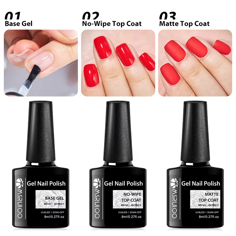 MSRUIOO 8ml Base et Top Coat Gel Polish Soak Off Semi-Permanent UV Vernis à Ongles Gel UV
