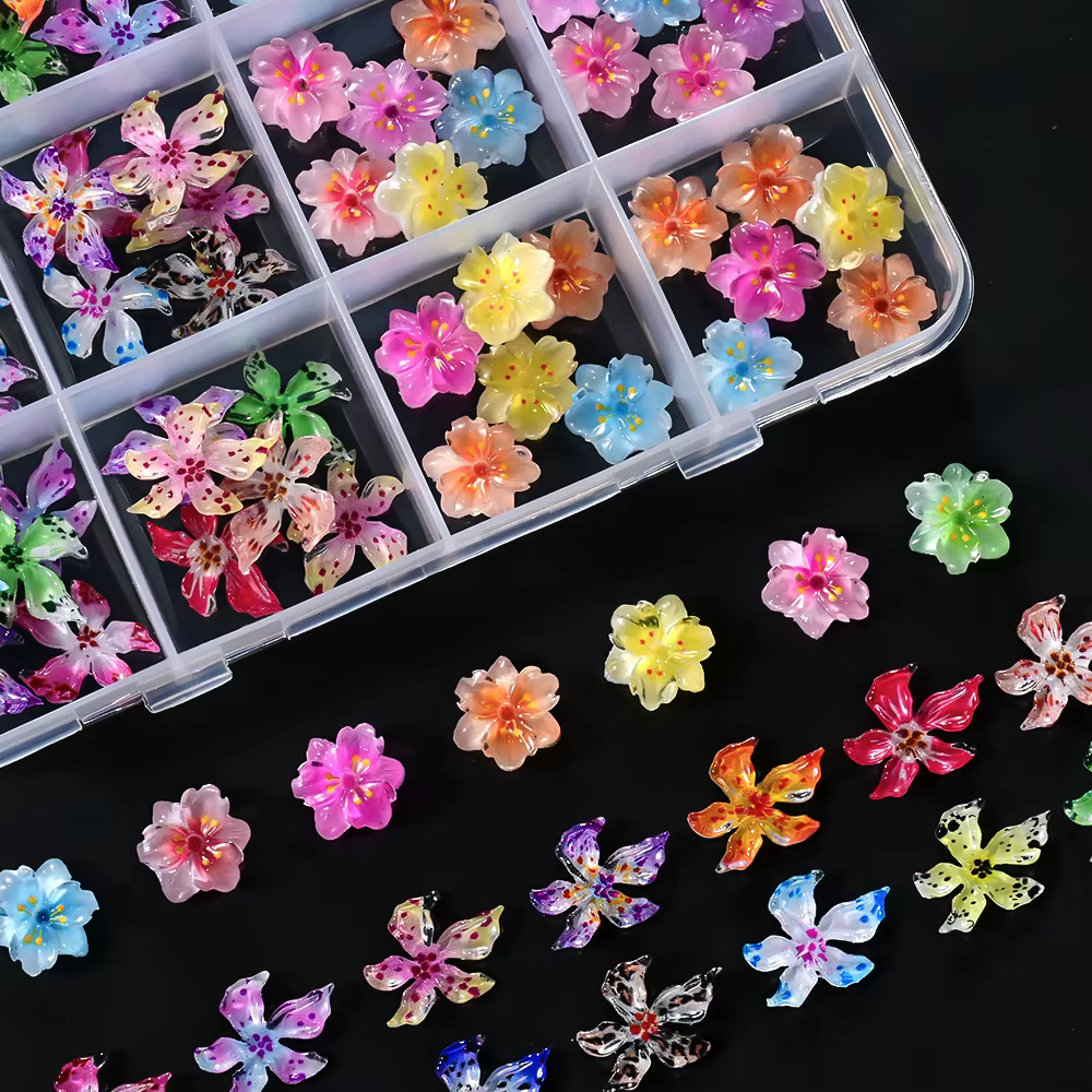 72 pièces/boîte Hawaii Hibiscus Lily Floral Nail Art breloques 3D gelée colorée cristal doux fleur décoration des