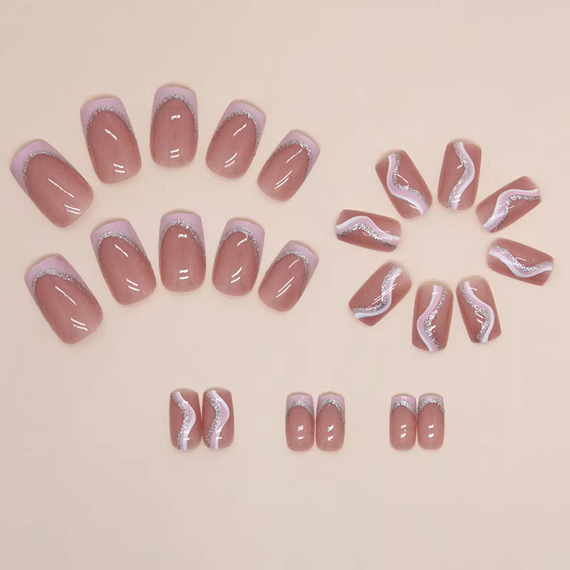 Rayures blanches 24 pièces presse sur ongles rose dégradé faux