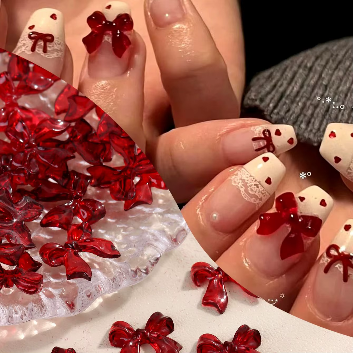 Charmes pour ongles pour la Saint-Valentin - Formes de cœur rouge et de nœud pour la manucure