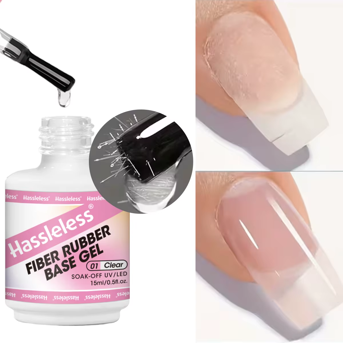 Gel de base en caoutchouc à fibres Hassleless 15 ml pour réparer les ongles cassés