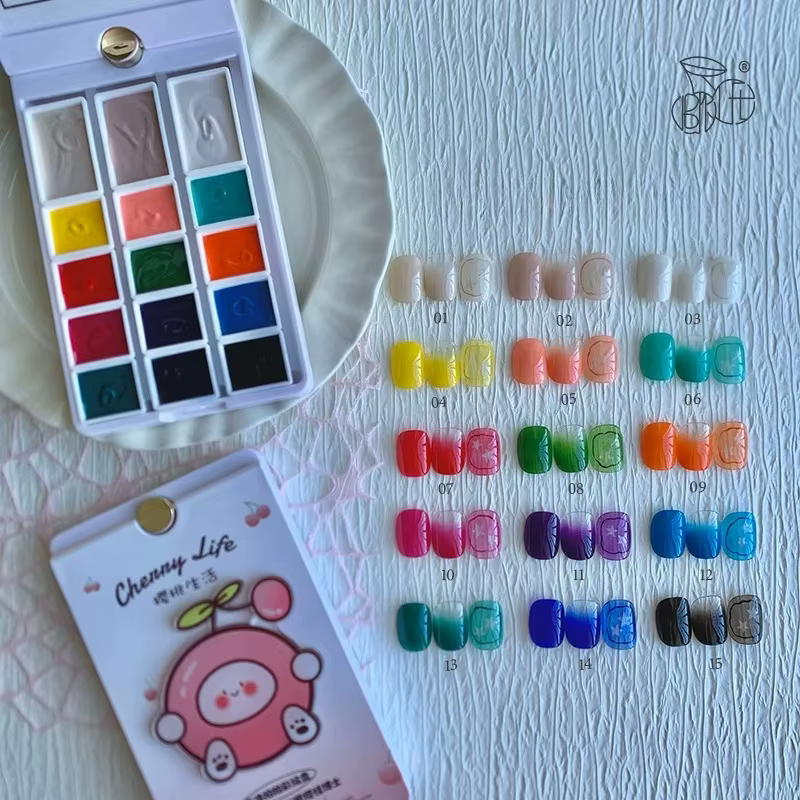 Palette de 15 couleurs de gel à ongles à texture mate 4-en-1 pour dégradé et transfert de motifs