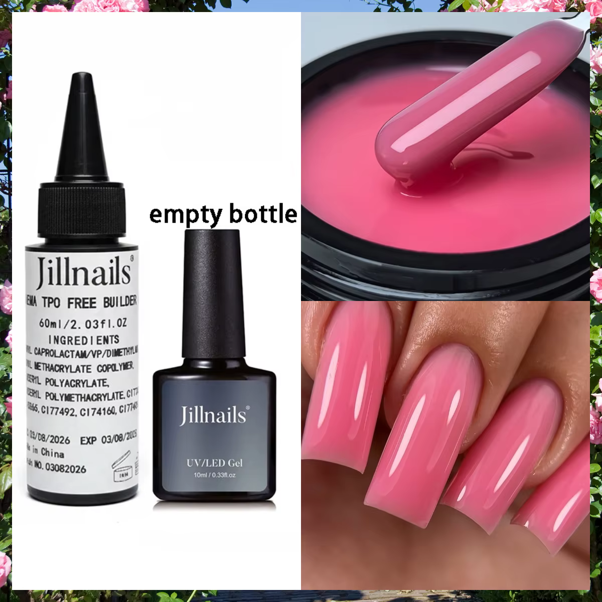 Jillnails Gel de Construction Liquide Vernis en Bouteille 60ML Recharge Transparent Blanc Laiteux Rose Sans HEMA Sans TPO Sans Chaleur 60g/10g