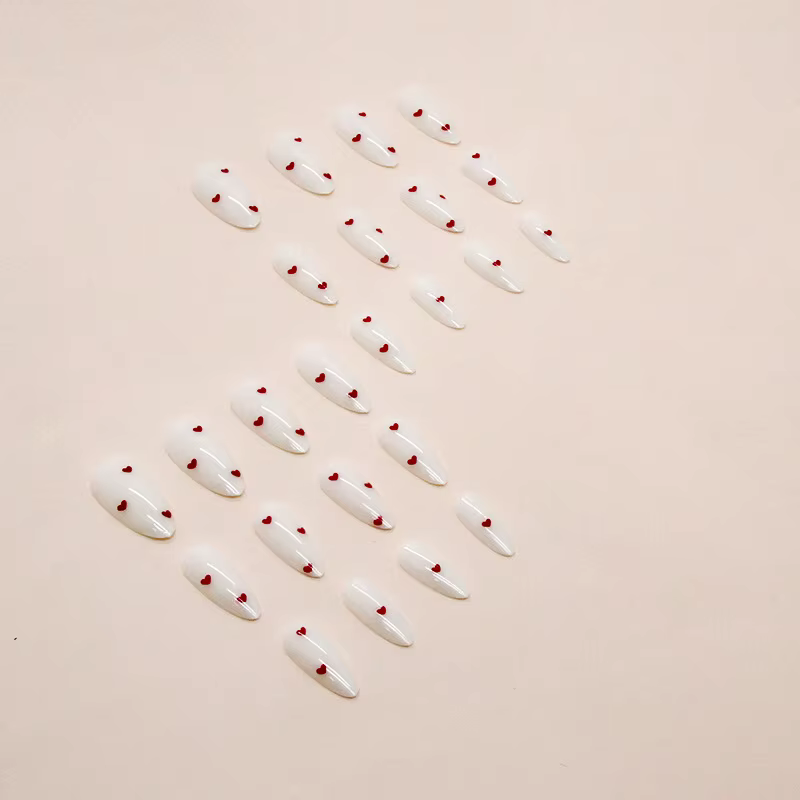 24 pièces ongles en forme d'amande blanc couverture complète presse rouge