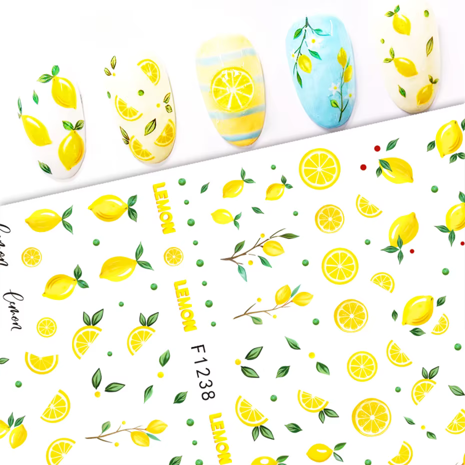 Autocollants pour ongles en forme de tranches de citron jaunes