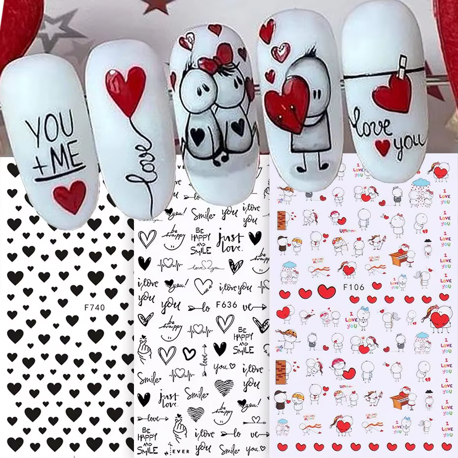6 pièces 3D saint valentin Nail Art autocollant amant lettre mignon fille dessin animé curseur enveloppe complète