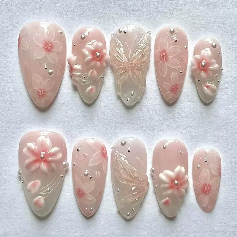 24 pièces fleur rose amande presse sur ongles Kawaii faux