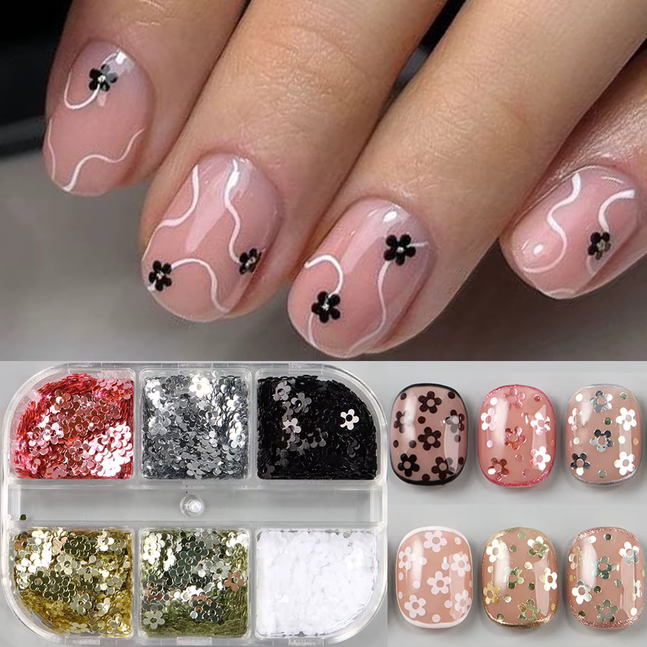 6 grilles Kawaii 5 pétales noir blanc Nail Art flocon Y2K brillant doré ongles fleur paillettes 3D métal
