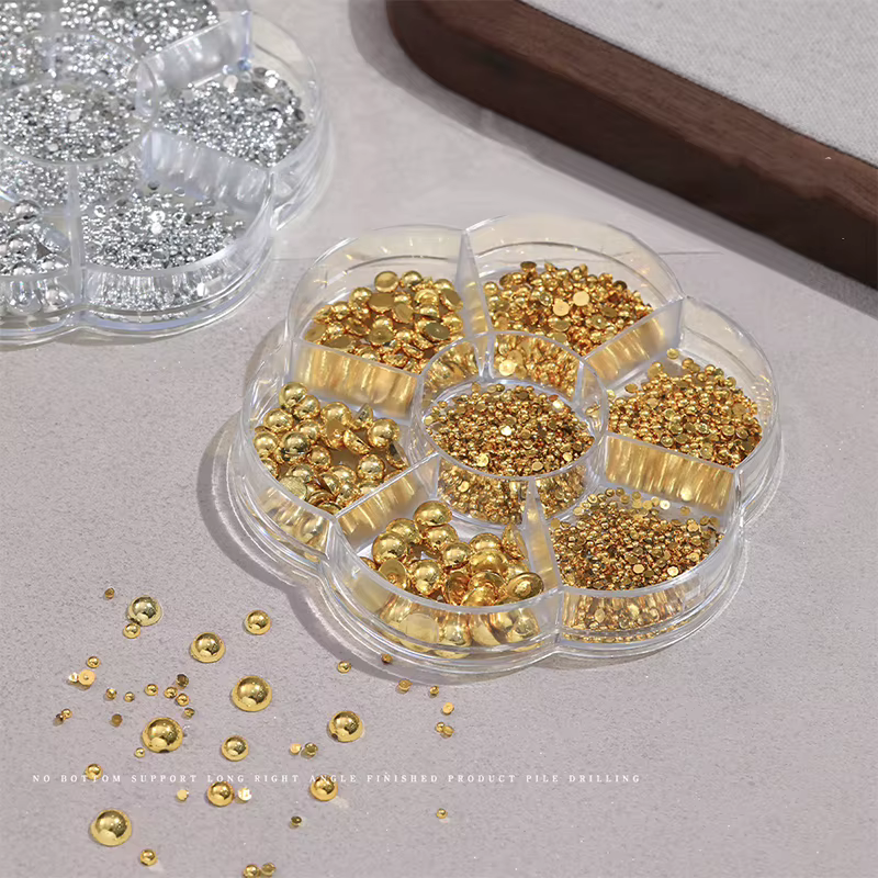 7 grilles argent or taille mixte perle Nail Art décorations blanc demi-rond fond plat