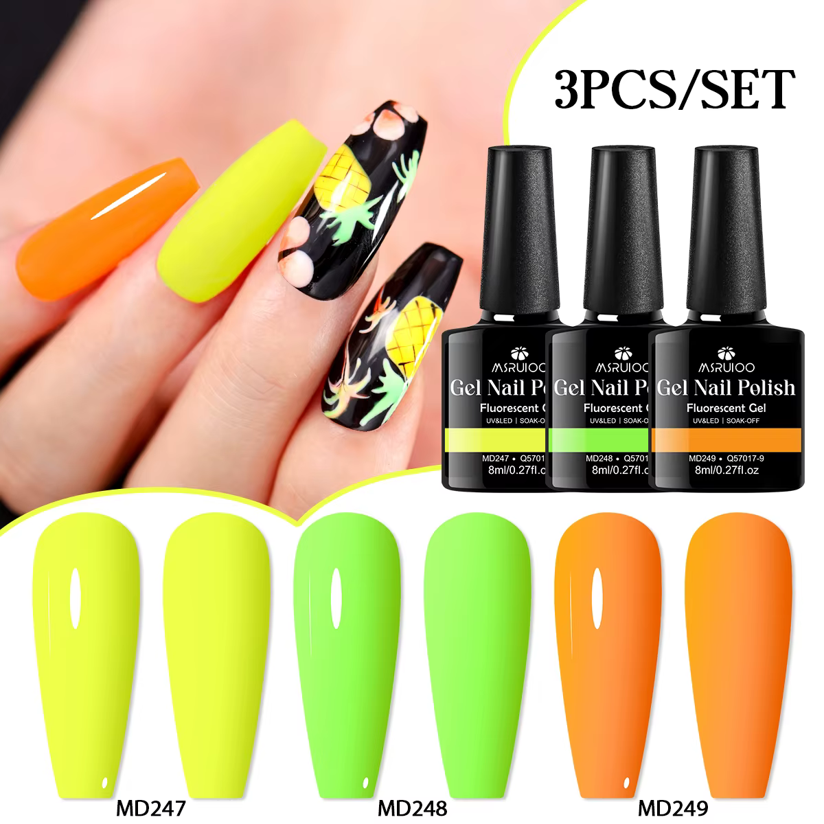 MSRUIOO 3 pièces/ensemble ensemble de vernis à ongles Gel Fluorescent néon brillant rose rouge Greern Orange tremper Gel UV ensemble de vernis à ongles