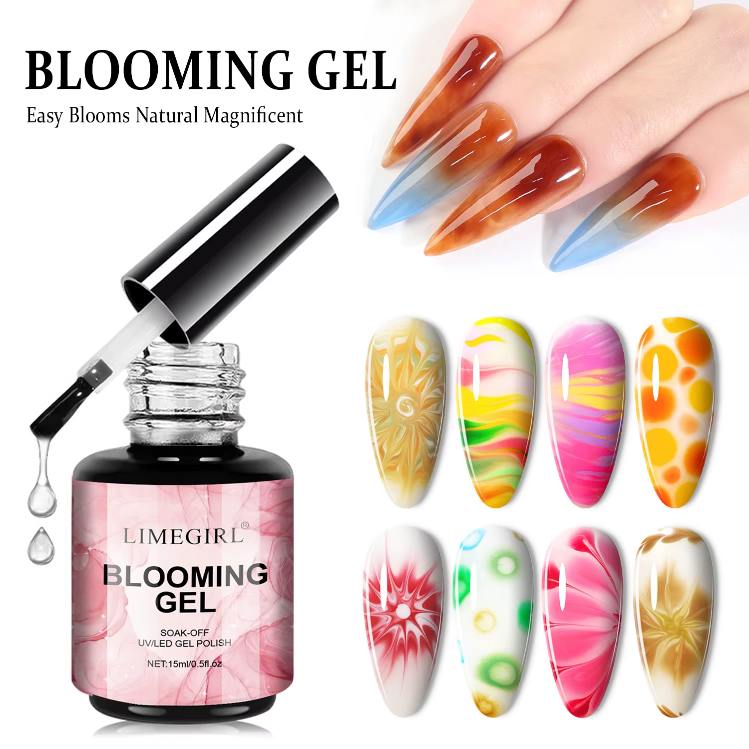 LIMEGIRL 15ML Gel floraison des ongles UV trempage propagation fleur de marbre effet d'épandage fonctionnel Nail Art
