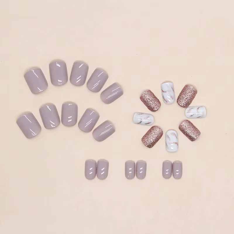 24 pièces d'ongles courts français brillants à paillettes avec 1 gel de gelée et 1 lime à ongles