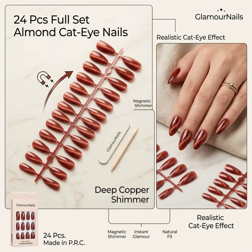 24 faux ongles premium vert émeraude effet œil de chat