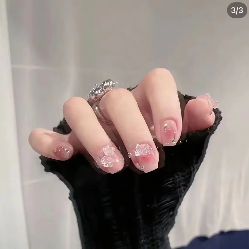 Aurora Bow camélia fait à la main Nail Art doux pêche Blush faux ongles courts portables