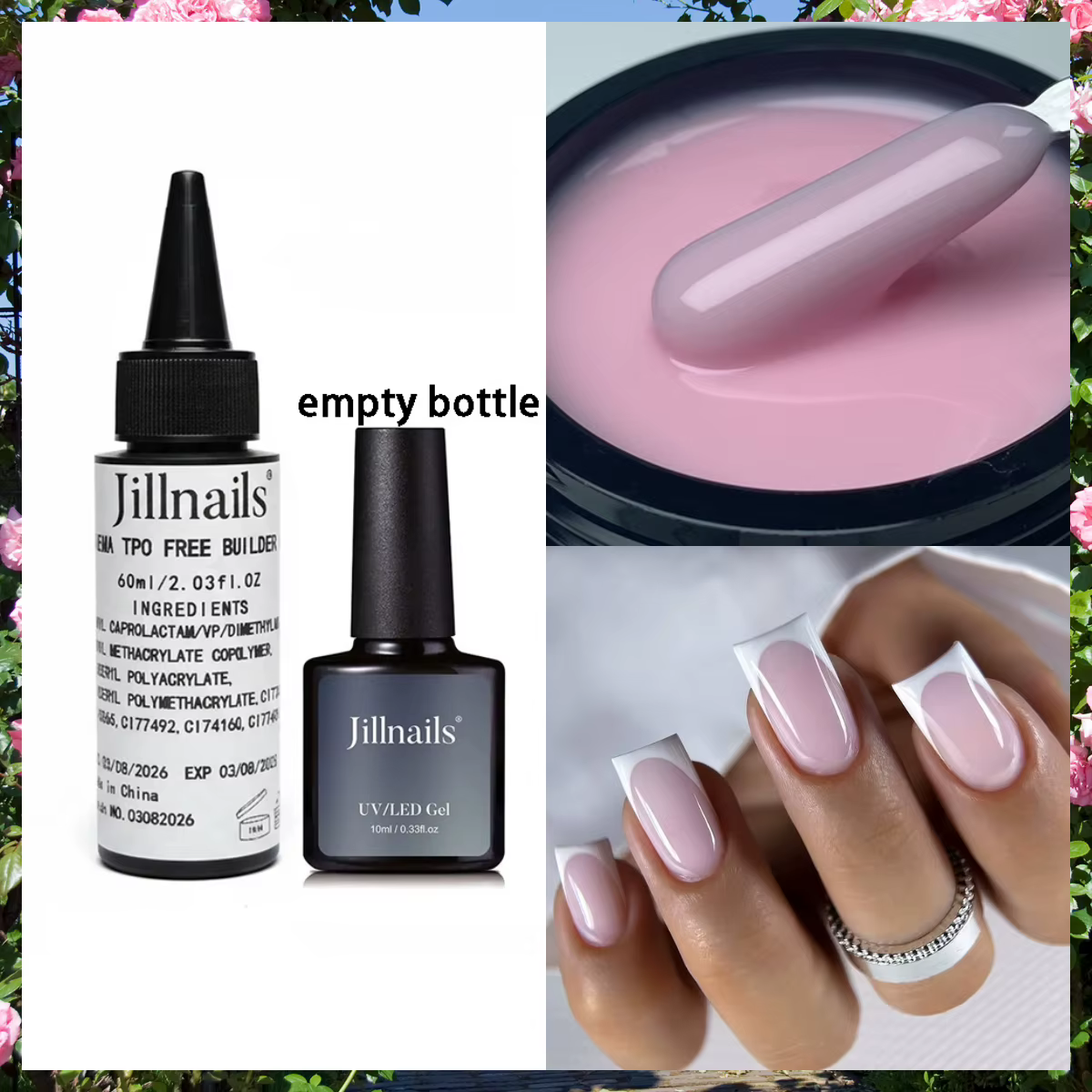 Jillnails Gel de Construction Liquide Vernis en Bouteille 60ML Recharge Transparent Blanc Laiteux Rose Sans HEMA Sans TPO Sans Chaleur 60g/10g