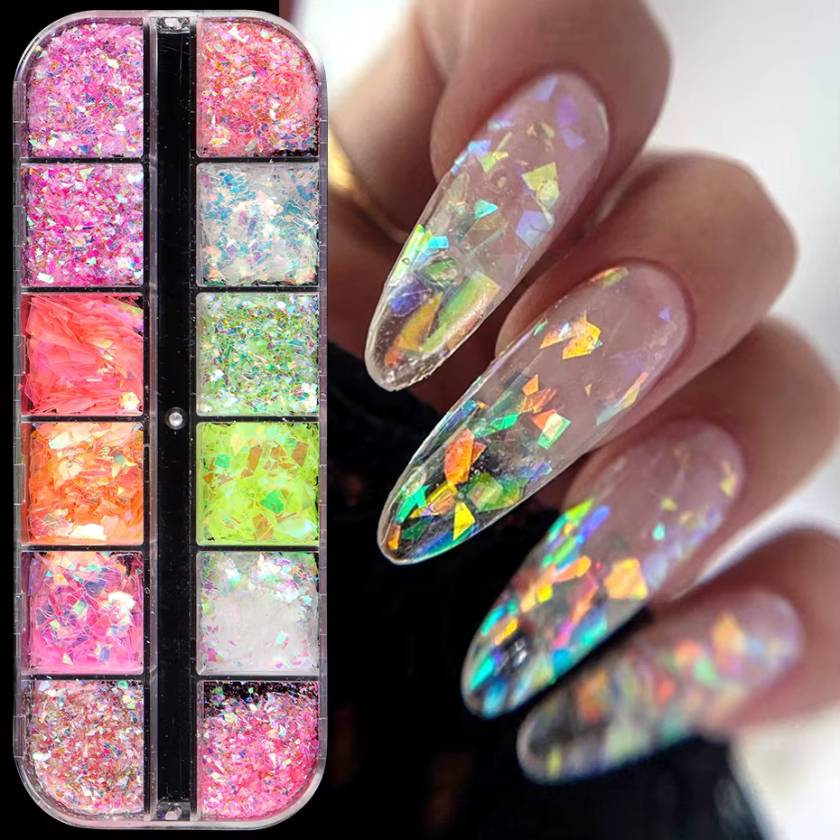 12 grilles Aurora caméléon ongles paillettes flocons irréguliers cristal verre