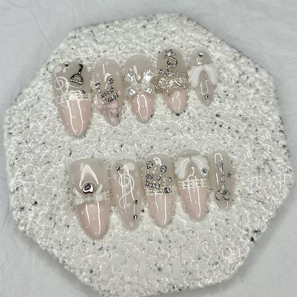 Faux Ongles à Presser Amande Française Rose Rétro Mignons avec Dentelle