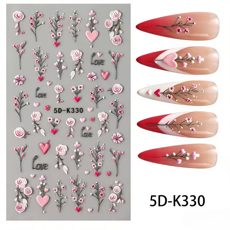 Autocollants pour ongles motif fleur de lys rose - Motifs fleurs roses et feuilles vertes