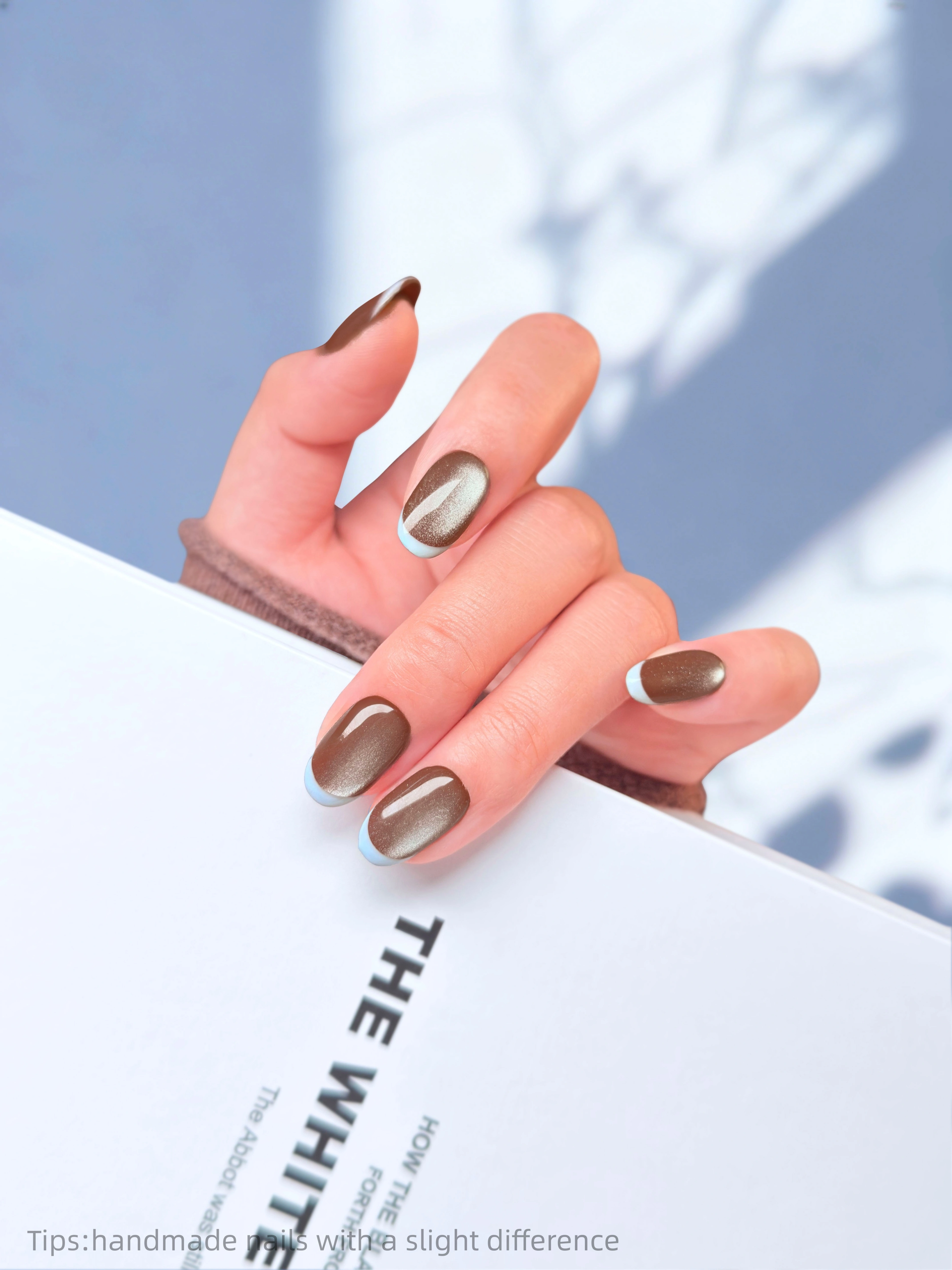 10 pièces à la main marron bleu oeil de chat presse sur ongles court couverture complète portable réutilisable mode faux