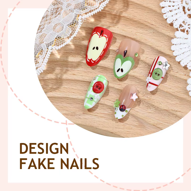 24 faux ongles mignons motif pomme rouge dessin animé