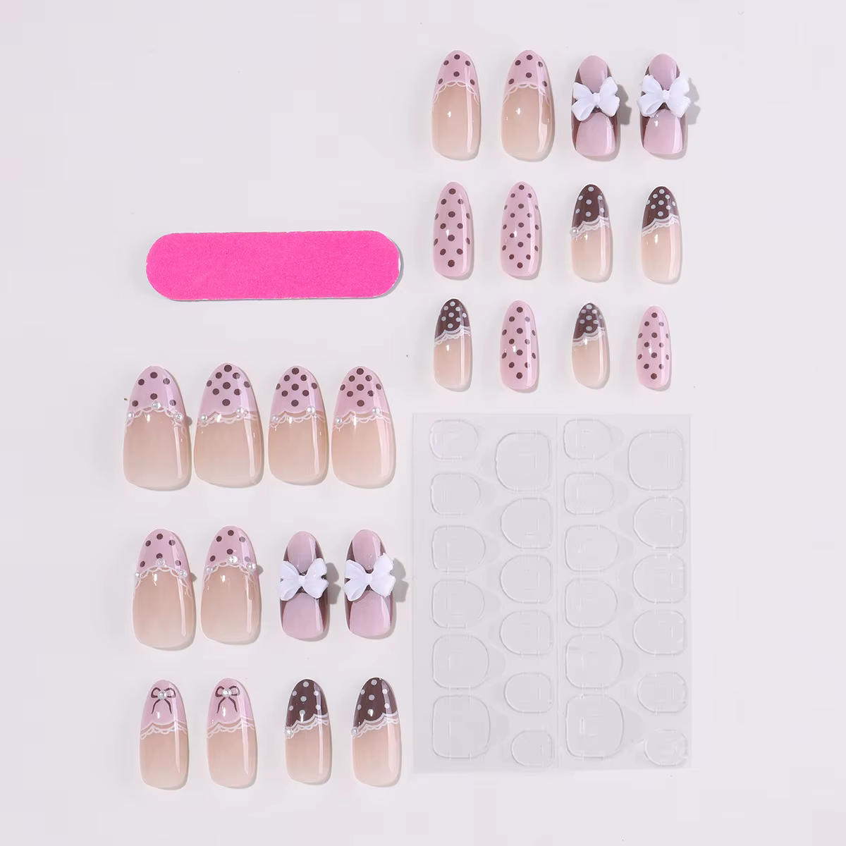 24 faux ongles mignons en dentelle à nœud