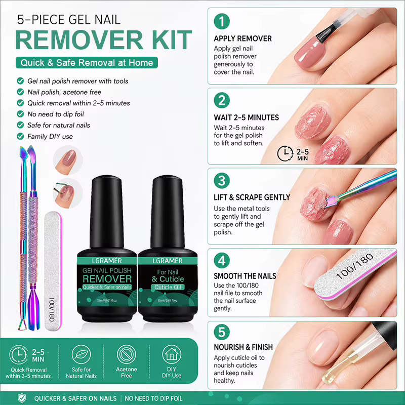 Kit de Soin des Cuticules et Dissolvant de Vernis Gel : Repousse-cuticules Métalliques Arc-en-ciel