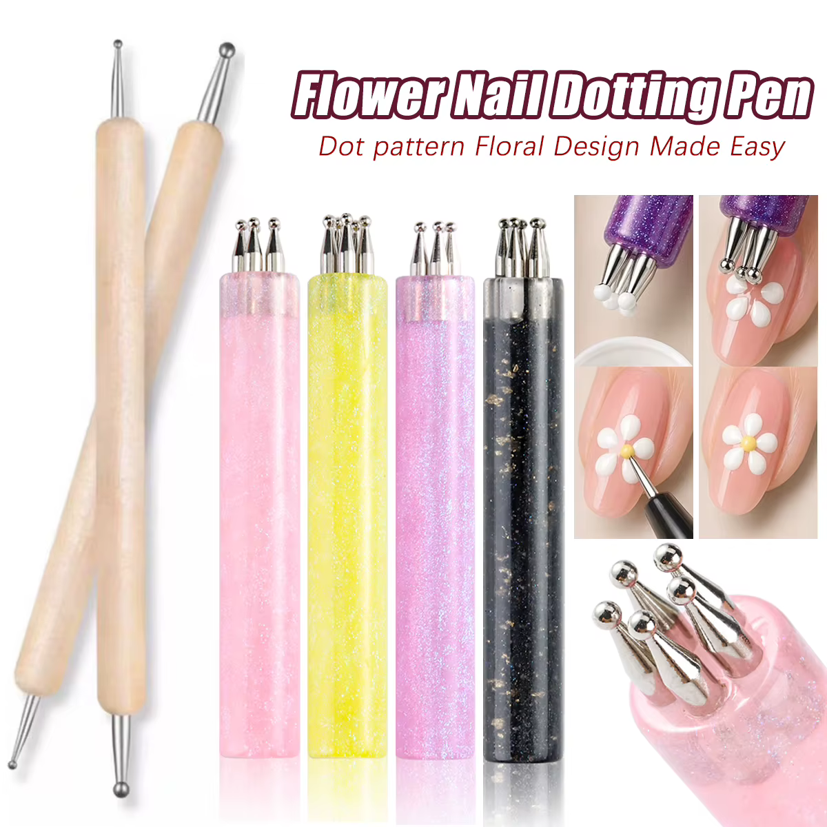 Stylo à points pour la décoration florale des ongles - Outil artistique à pointe sphérique en acier inoxydable pour la