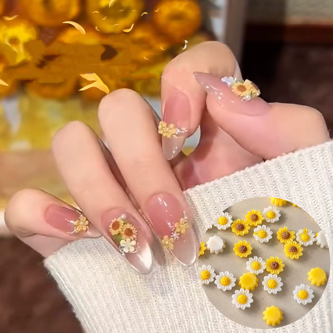 50 Breloques Réalistes en Résine Mini Marguerites Fleurs Jaunes pour Ongles