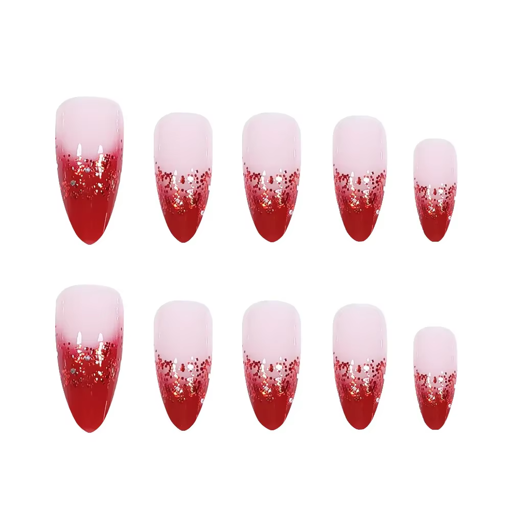 Faux ongles français à paillettes rouge vin