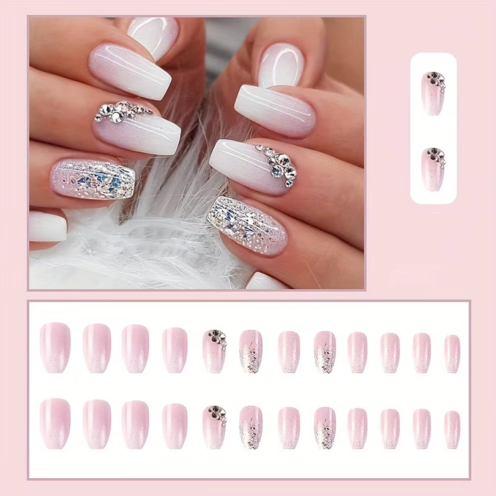 24 faux ongles carrés courts en forme de cercueil avec colle