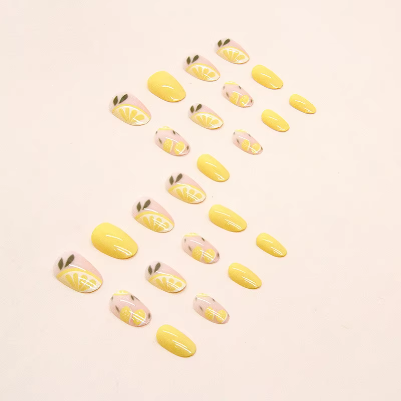 24 faux ongles ronds jaunes citron estivaux mignons avec motifs