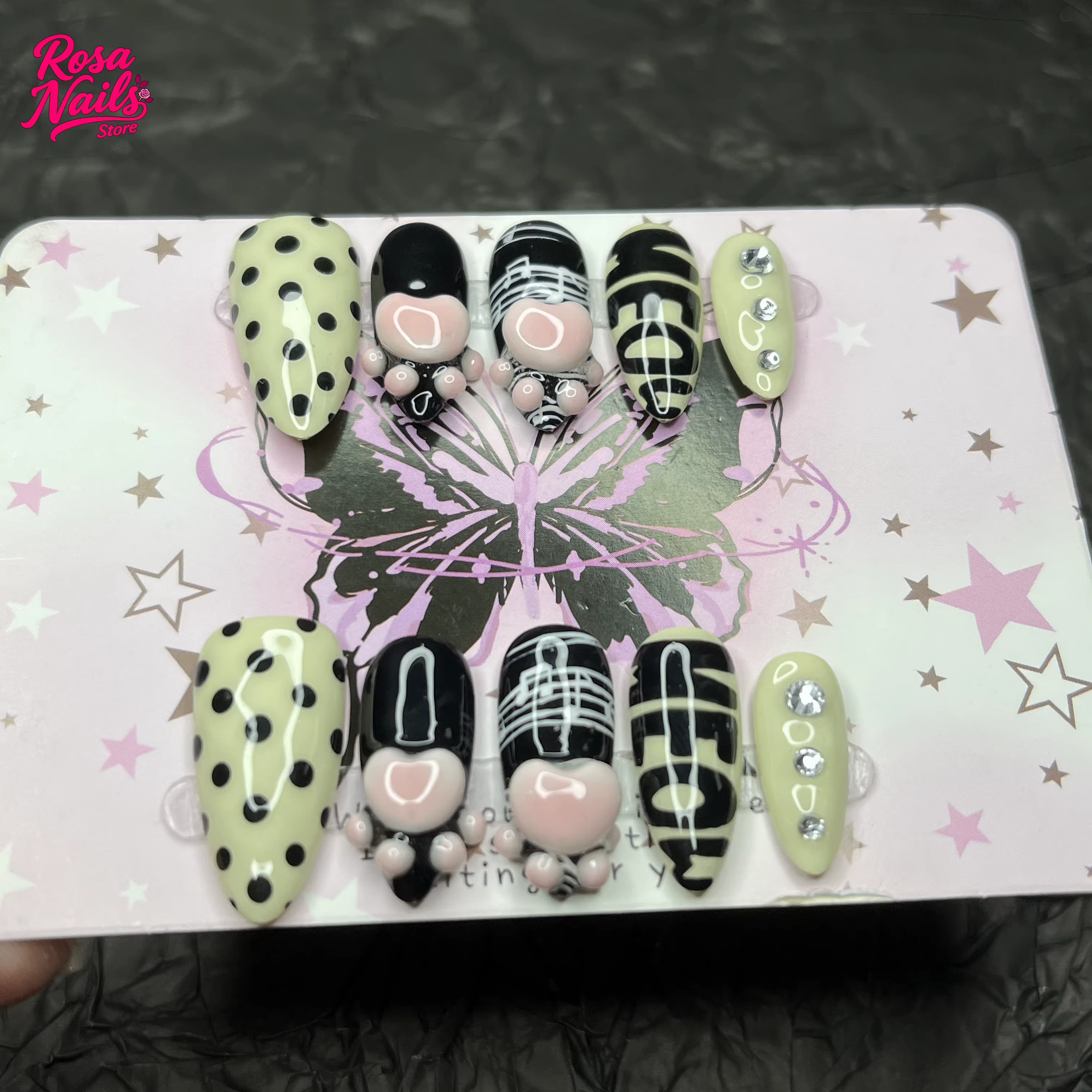 10 pièces presse à la main sur les ongles 3D patte tampons noir blanc à pois