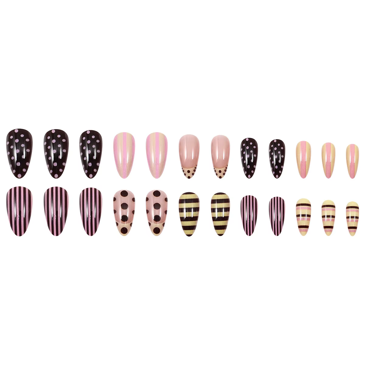 24 faux ongles brillants en forme d'amande, motifs rayés colorés et pois, style français, à presser, pour un look estival doux et cool