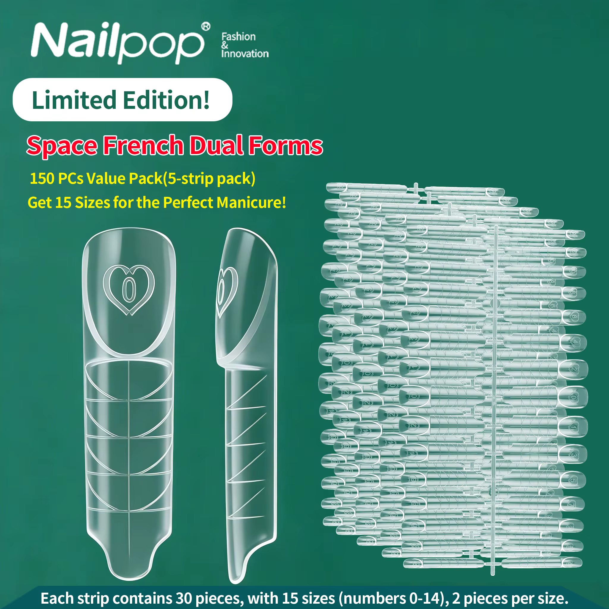 Nailpop Space French Dual Forms 15 Tailles Transparentes Réutilisables pour Extension d'Ongles en Gel
