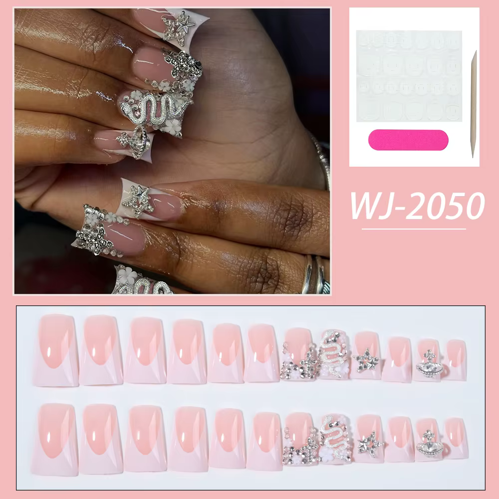 24 pièces Long canard noir pointe française presse sur ongles croix en alliage 3D