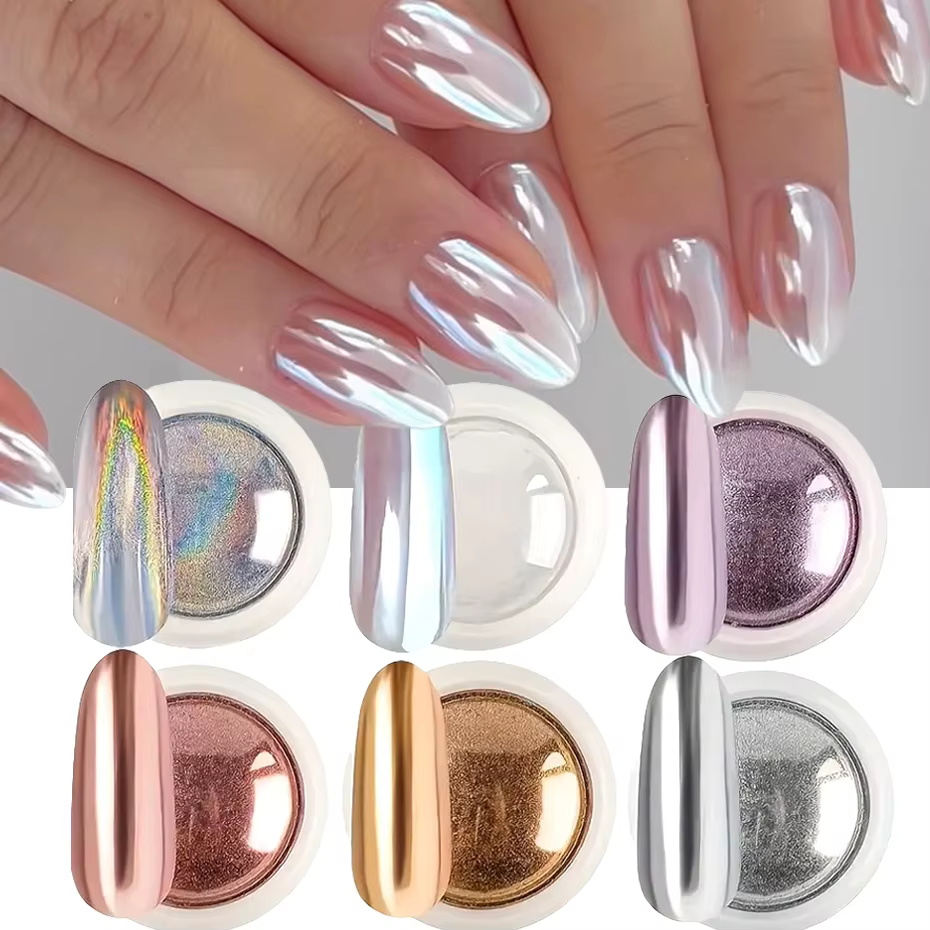 6 pièces de poudre à ongles chromée effet miroir blanc