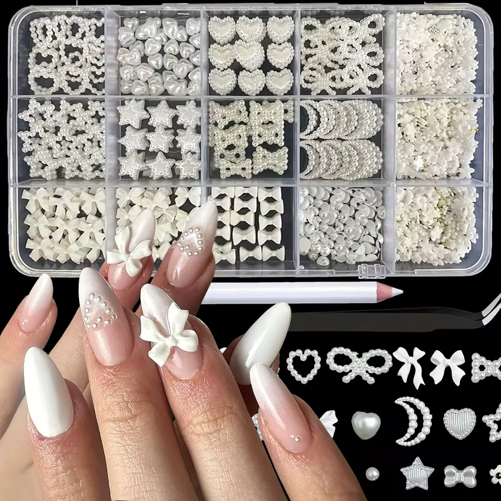1 boîte mixte blanc perle arc Nail Art breloques doux nacré nœud papillon coeur ongles strass manucure coloré résine accessoires