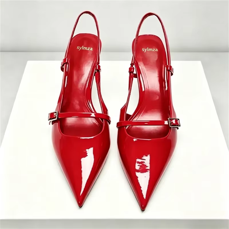 Sandales d'été Sexy à bout pointu pour femmes, talons hauts fins rouges, en cuir verni, sangle de voyage au dos, Mules, escarpins de mariage pour femmes