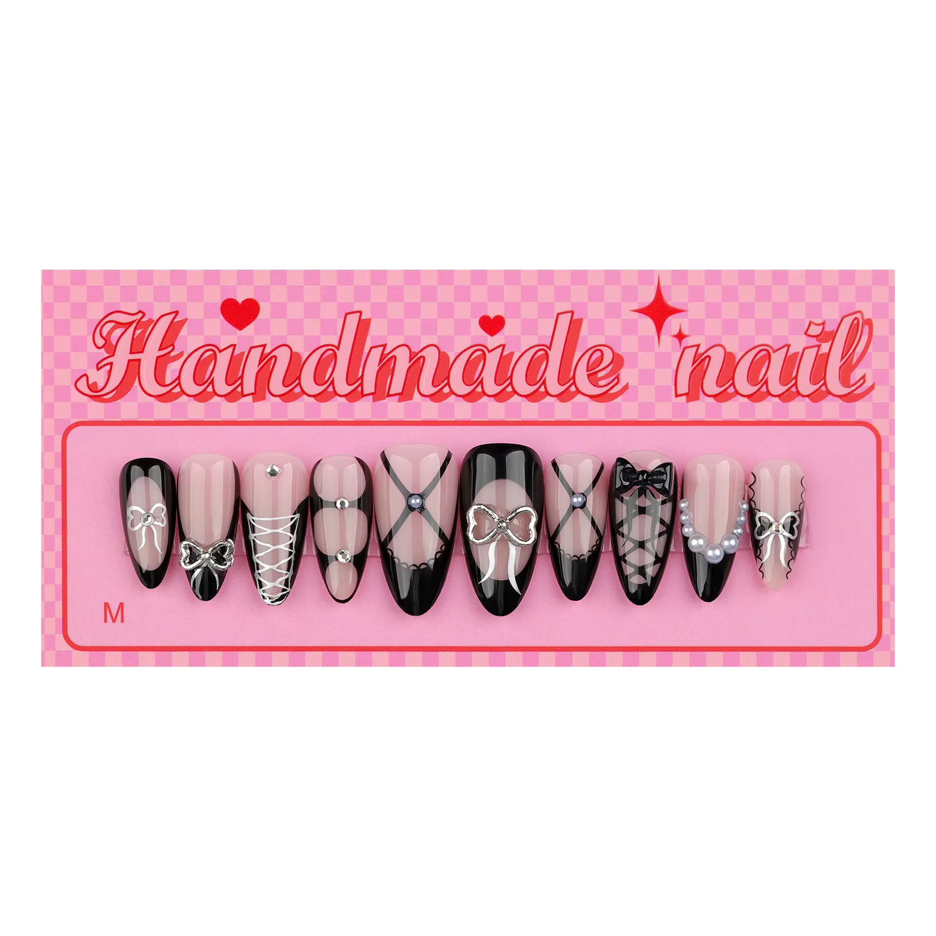 Presse à la main sur les ongles français 3D noir arc faux