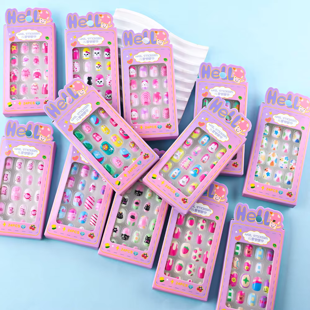 24 pièces/boîte enfants ongles pour fille dessin animé motif faux