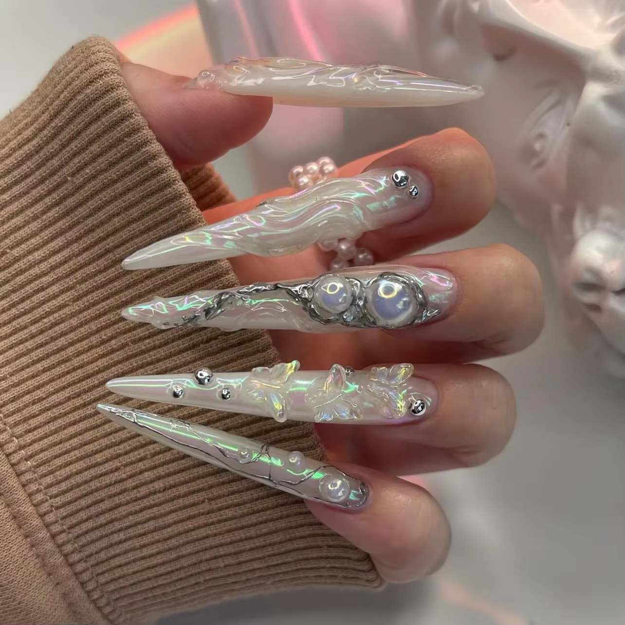 Ligne bleue délineation Gradual Halo teinture longue pointe Nail Art amour faux ongles détachable fini