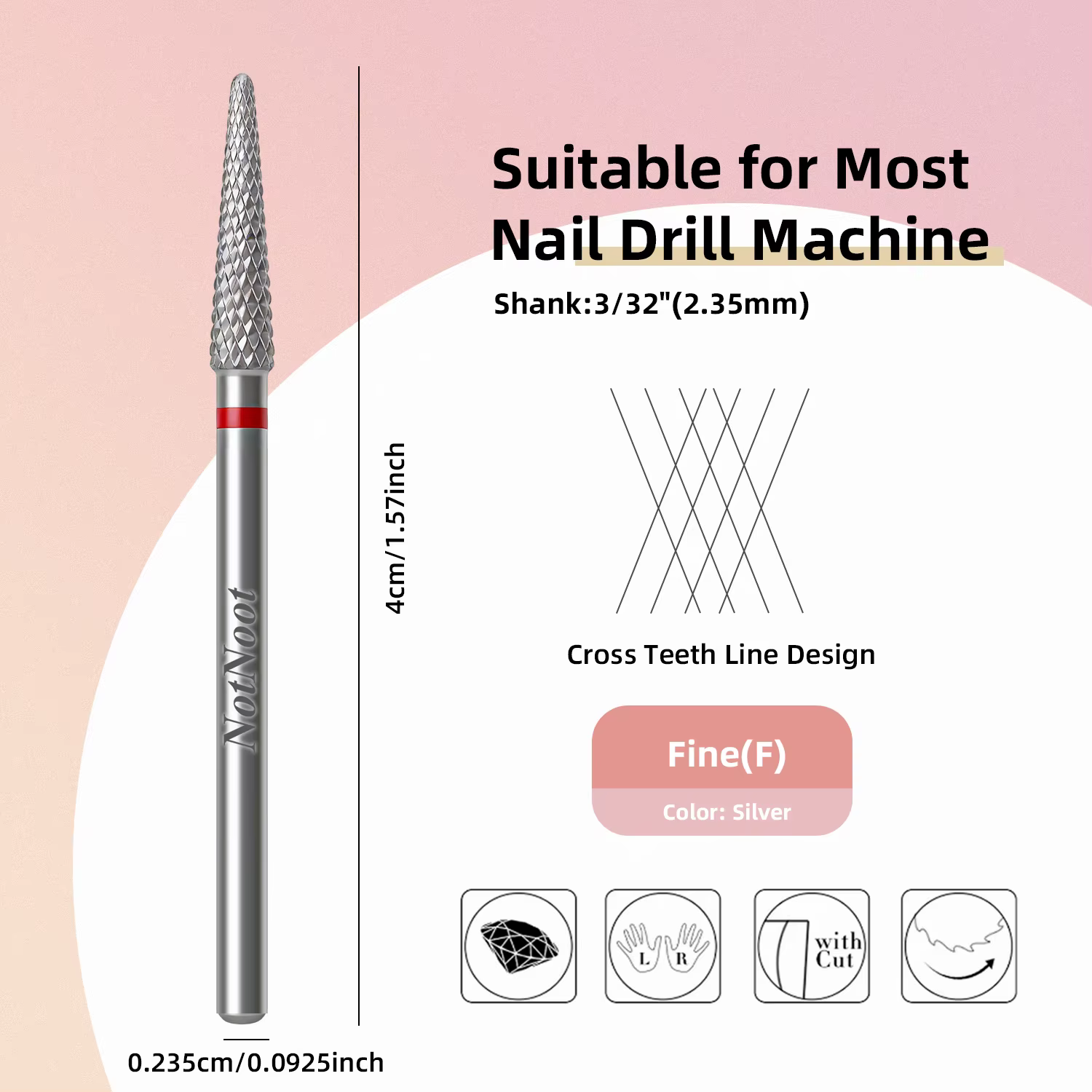 Fraise de sécurité pour ongles en carbure de tungstène argenté 3/32 po pour le nettoyage des cuticules et le retrait du gel