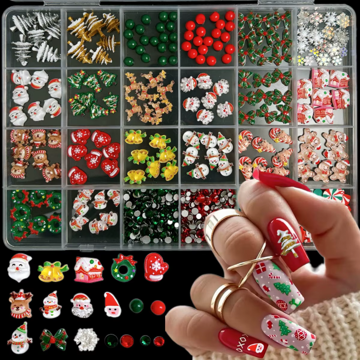 1 boîte 3D Adorable père noël élan cloche ongles breloques créatif arbre