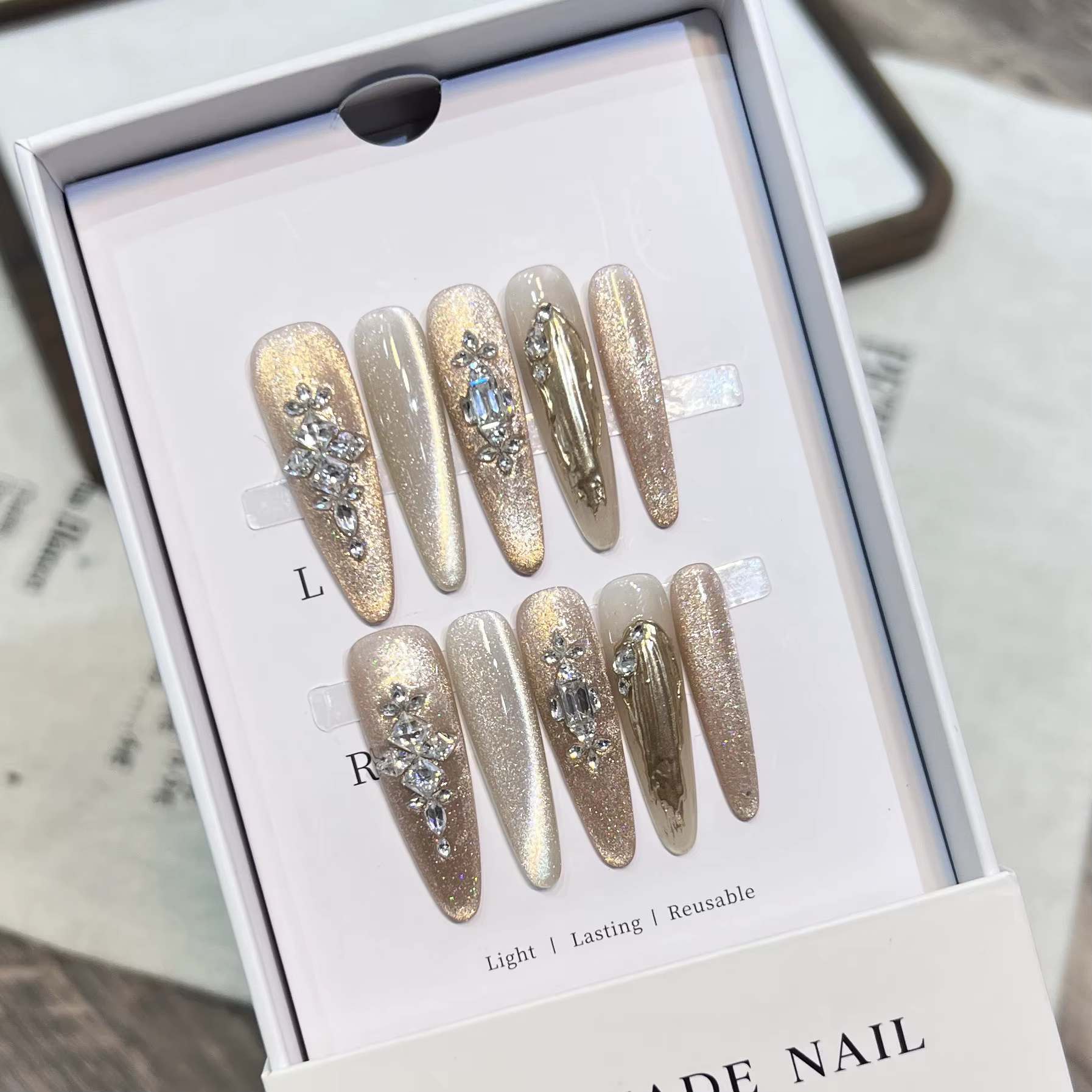 10 pièces yeux de chat français faux ongles bricolage à la main strass