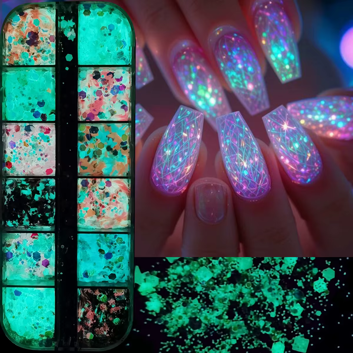 12 grilles brillent dans la nuit paillettes poudre à ongles caméléon lumineux hexagone