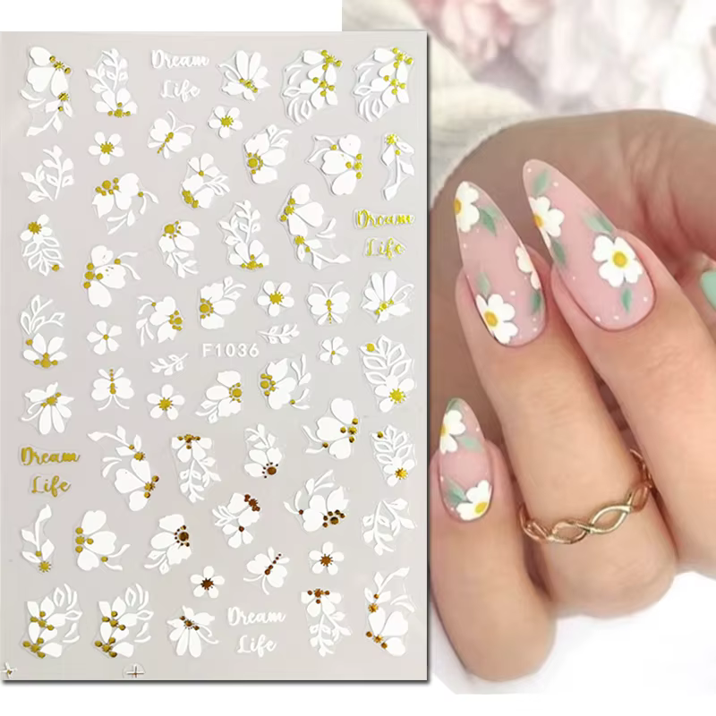 3d Nail Art lignes dorées feuilles d'or fleurs blanches adhésif curseurs ongles autocollants accessoires pour décorations conseils beauté