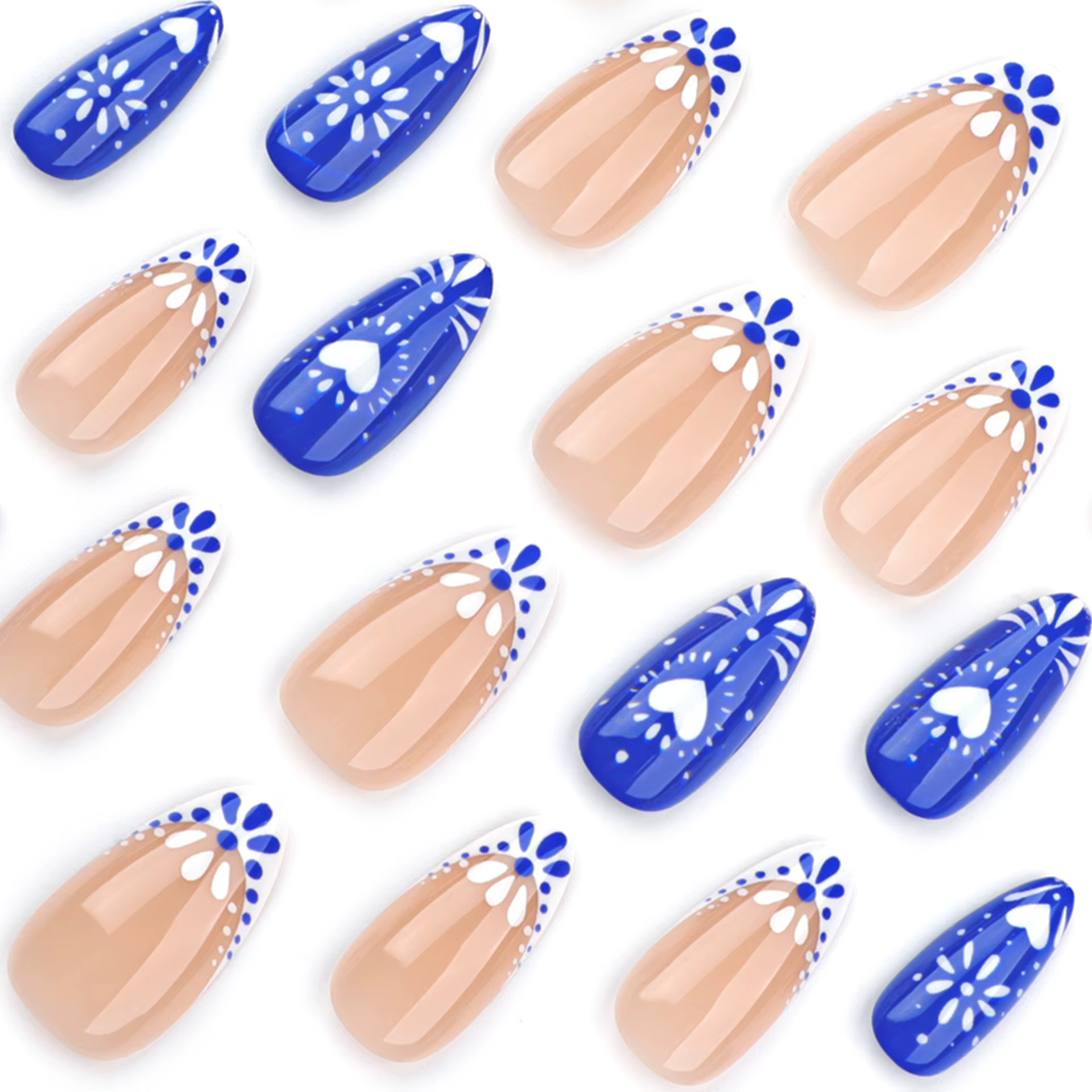 Style bohème bleu blanc amour Totems Nail Art mode français faux ongles détachable fini