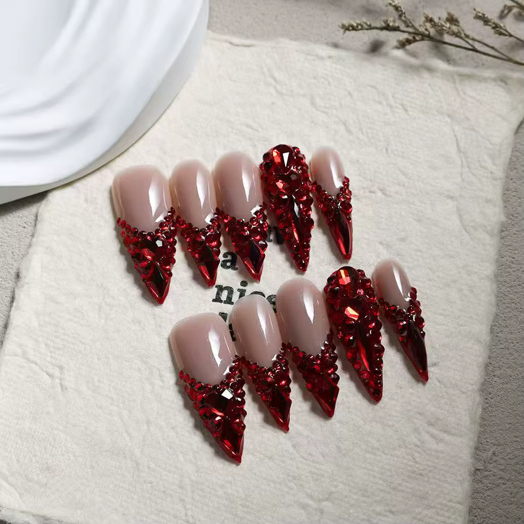 10 pièces haut de gamme la série rouge est pleine de diamants cercueil fait à la main pointes françaises faux ongles