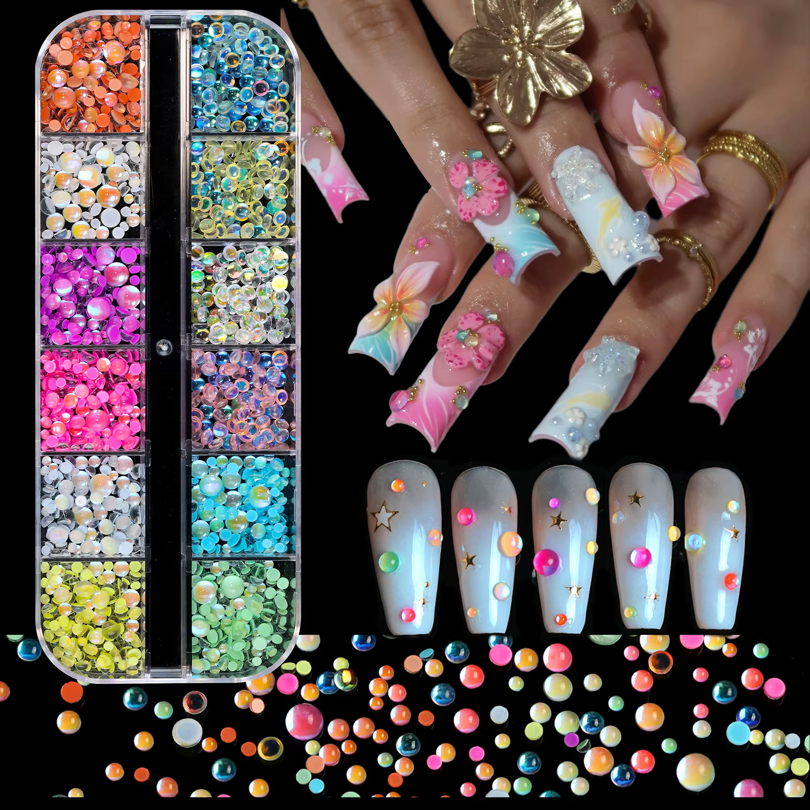 12 grilles de perles à ongles sirène 3D